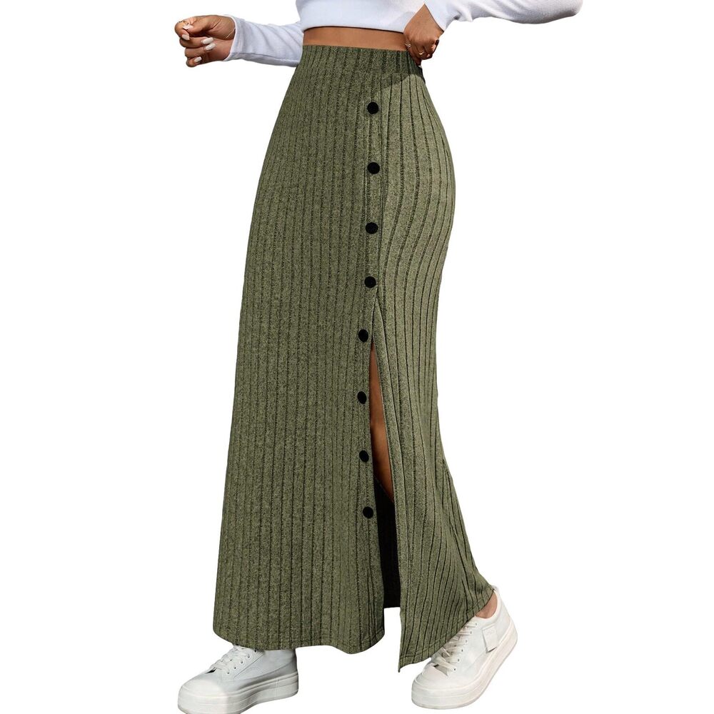 3678 Split Hem Ribbed Long Skirt Button Front High Waist Skirt Army Green
